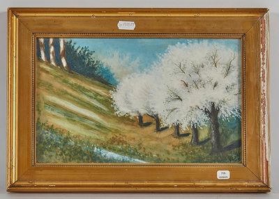 une photo d'un tableau représentant des arbres sur une colline