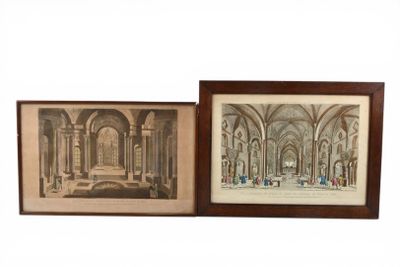 two framed pictures of a church with people inside of it