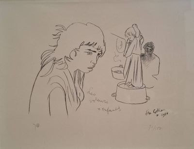 dessin représentant une femme regardant la statue d'un homme