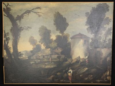 an old painting of a village scene with a man and a woman in the foreground
