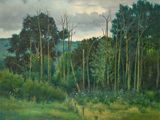painting of a field with trees and a fence in the foreground
