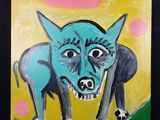 un tableau représentant un chien bleu sur fond jaune