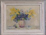 painting of yellow and blue flowers in a vase on a table