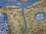 painting of a map of a small town with a river running through it