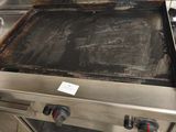 une plaque de cuisson sale dans une cuisine au sol carrelé