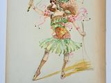 drawing of a woman in a green dress holding a wand and a flower