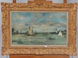 painting of sailboats on the water with a lighthouse in the background
