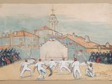 painting of a group of men playing a game of tennis