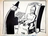 drawing of a cartoon of a man sitting in a chair and a woman reading a book