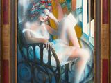 tableau représentant une femme assise sur une chaise, coiffée d'un chapeau