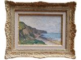 une image représentant une peinture d'une plage avec une falaise en arrière-plan