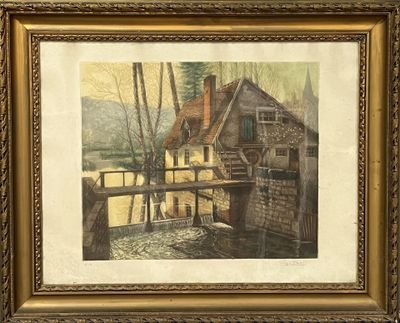 une image représentant un tableau d'un moulin à eau au bord d'une rivière