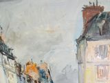 une peinture représentant une rue de la ville avec des bâtiments de part et d'autre de la rue