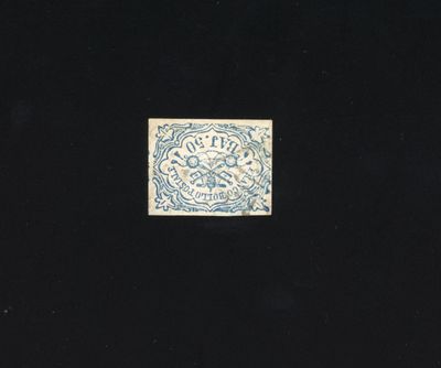 an old stamp with a blue and white design on it