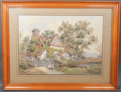 un tableau représentant une scène de vie à la ferme avec une femme et un chien