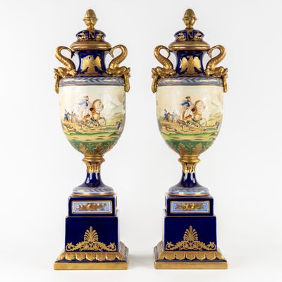 pair of blue and gold vases with horses and riders on them