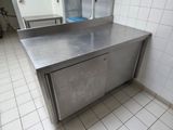 a stainless steel counter in a kitchen with a sink