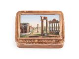 an old wooden box with a painting of a roman city