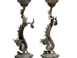 pair of antique bronze dragon candlesticks on marble bases