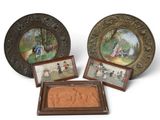 three framed pictures of people and a dog on a park bench