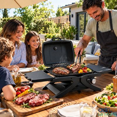 Un homme en train de faire cuire des steaks au barbecue avec sa famille à une table de jardin