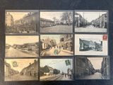 several old black and white photos of a street with buildings