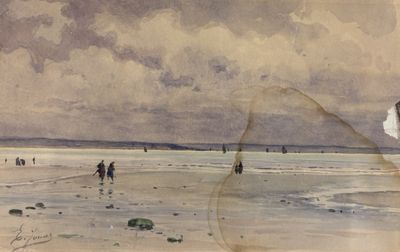 un tableau représentant des personnes marchant sur la plage avec un cerf-volant