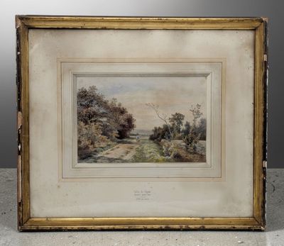 un tableau représentant un paysage avec des arbres et des buissons, dans un cadre doré