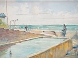 a painting of a man standing at the edge of a pool