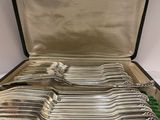 a lot of silverware in a case on the table