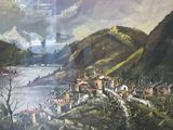 a picture of a painting of a town by the water
