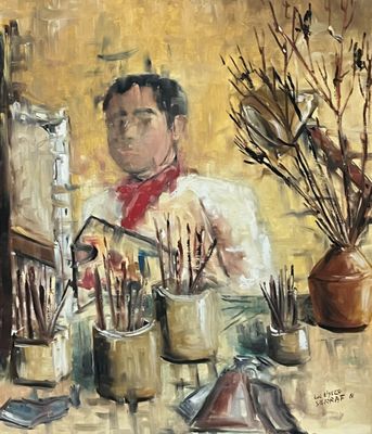 a painting of a man that is sitting at a table
