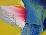 a painting of a colorful flower on a yellow background