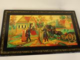 painting of a horse drawn carriage with a man and a woman on it