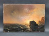 a painting of a sunset over the ocean with rocks in the foreground