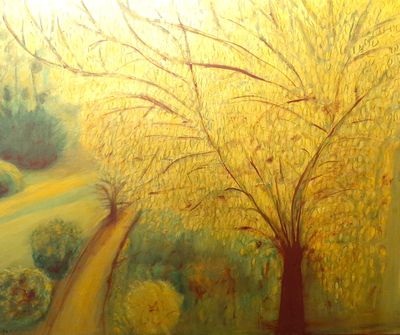 a painting of a tree in the middle of a field