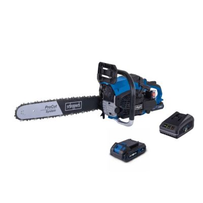 une tronçonneuse électrique bleue et noire équipée de deux batteries