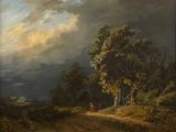 an image of a painting of a man and a woman walking down a dirt road