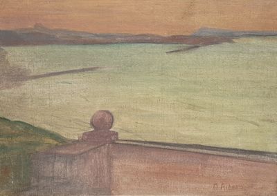 a painting of a person looking out over a body of water
