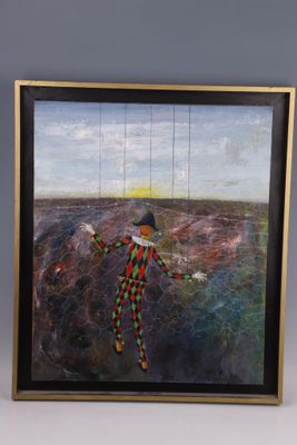 un tableau représentant un clown suspendu à une corde au-dessus d'un champ