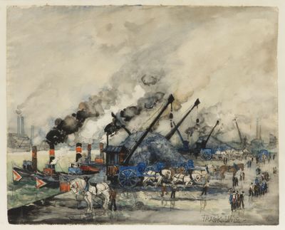 an image of a painting of a steam engine in a harbor