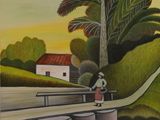 une peinture à l'huile représentant un homme traversant un pont en skateboard