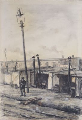 dessin représentant un homme debout devant un immeuble, à côté d'un lampadaire