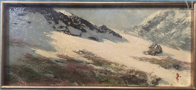 une photo d'un tableau représentant une montagne sur laquelle se trouve une personne