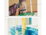 deux tableaux représentant un homme et une femme debout près d'une piscine