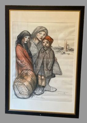 tableau représentant trois femmes et un enfant assis par terre