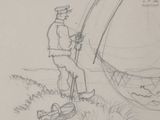 drawing of a man standing on a beach with a fishing net