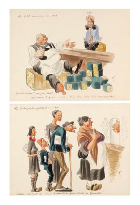 deux dessins représentant un homme et une femme assis à une table avec des blocs