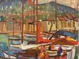 painting of boats docked in a harbor with a mountain in the background