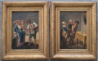 une paire de tableaux représentant un homme et une femme avec une vache